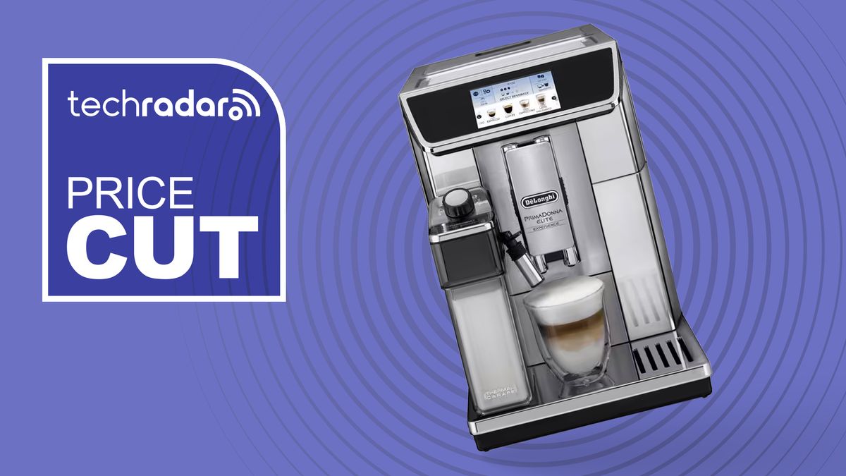 De&#039;Longhi coffee maker on purple background with white text reading &#039;TechRadar Price Cut&#039;