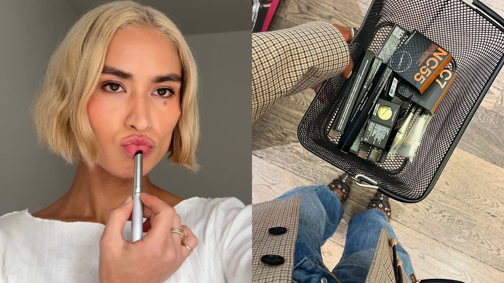 An image of a woman applying makeup while taking a selfie and another image of a woman’s shopping cart filled with makeup products.