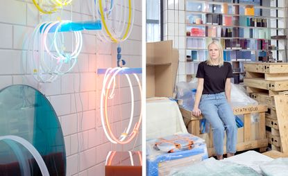 Sabine Marcelis amid materials and works in progress in her Rotterdam studio (right) & neon, glass and marble. Elements used in her light sculptures are seen hanging (left)