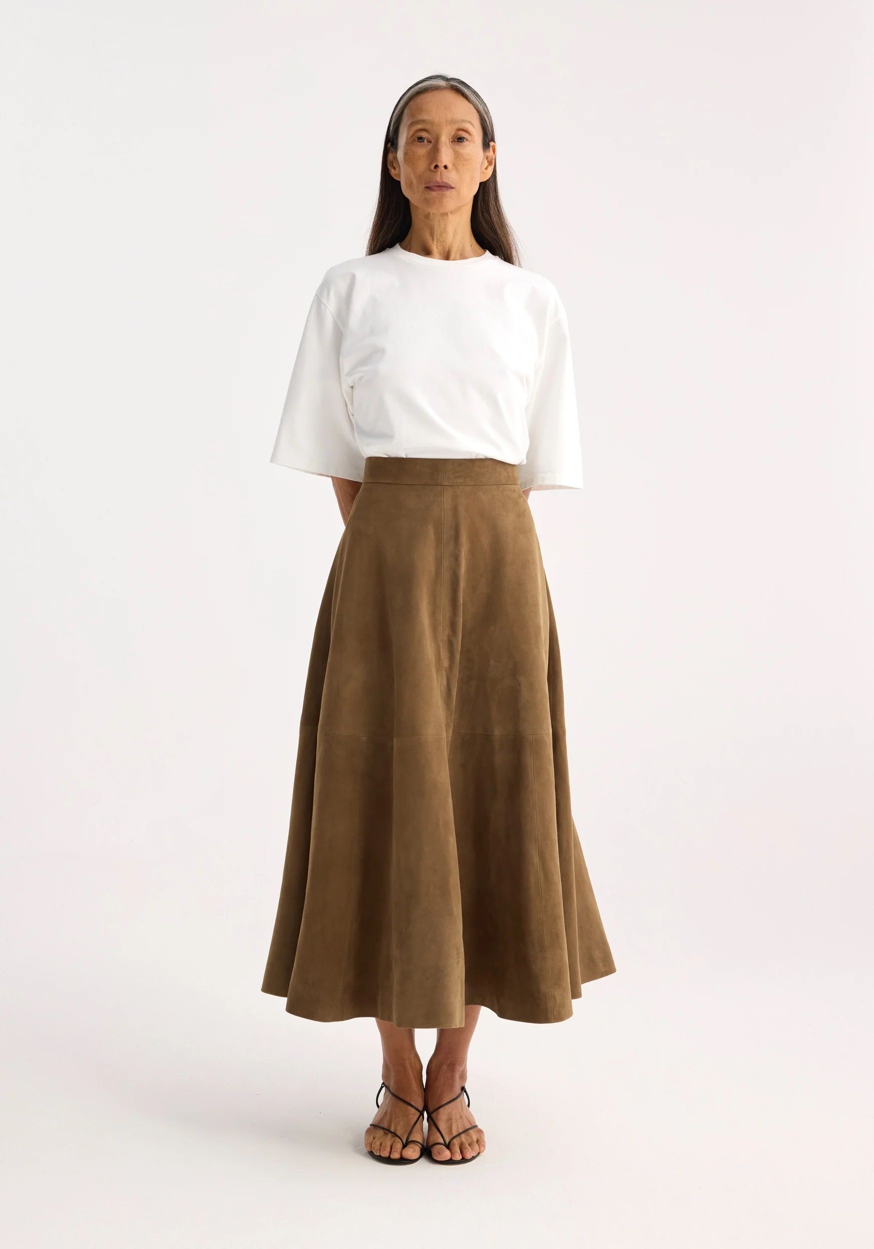 roheframes, voluminous a-line suede skirt