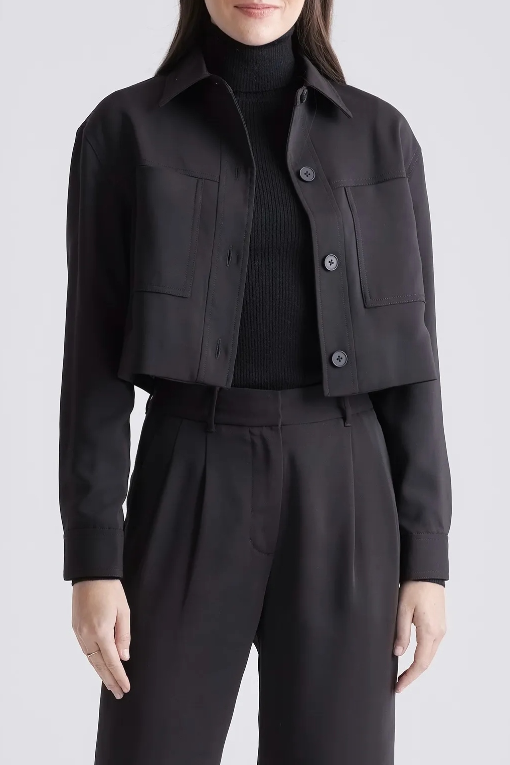Quince, Stretch Crepe Cropped Jacket in Black
