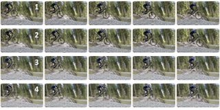 Video frames of an MTB rider doing drops