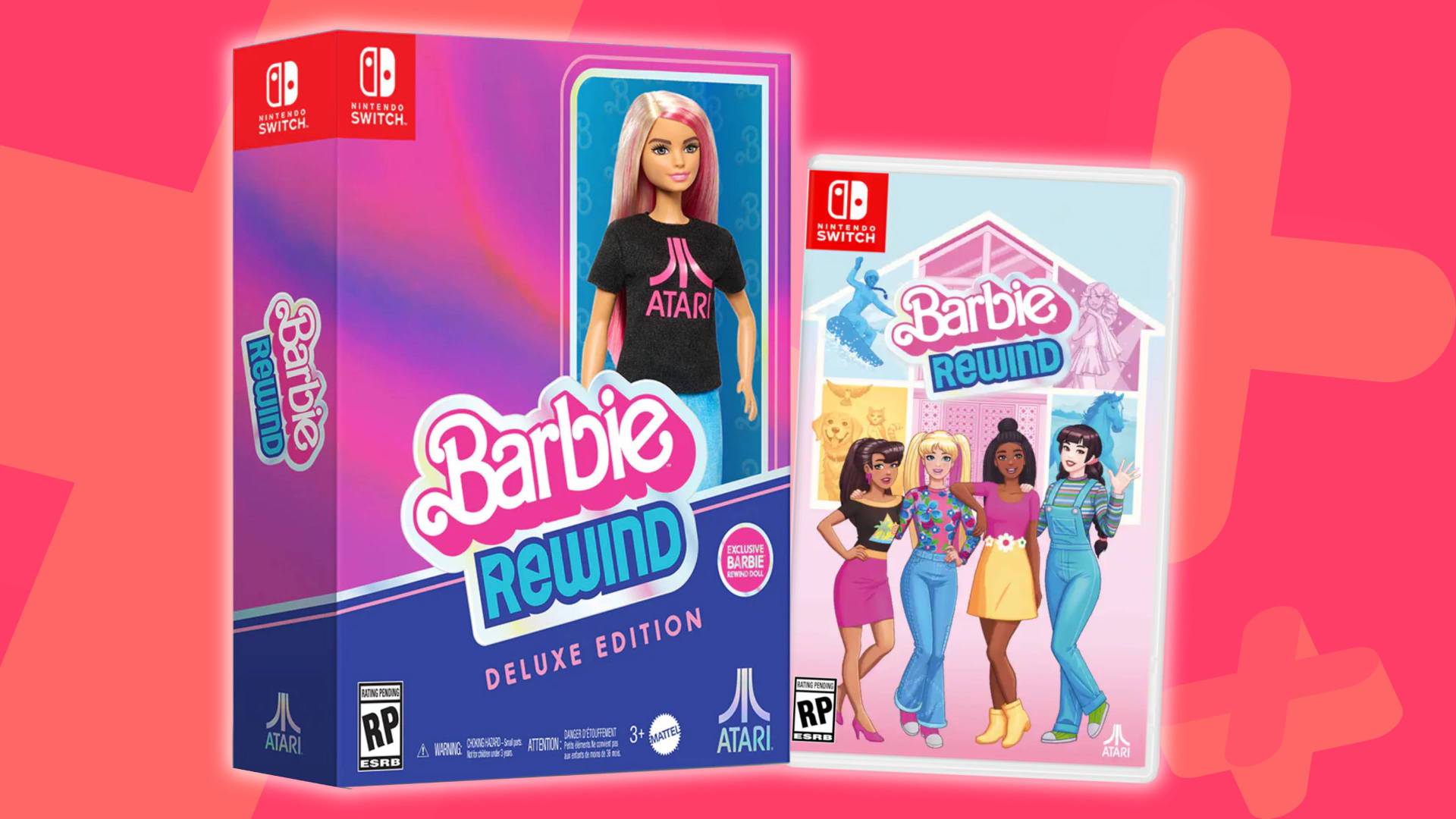 Image of the Deluxe and standard Switch editions of Barbie Rewind on a pink GamesRadar+ background.