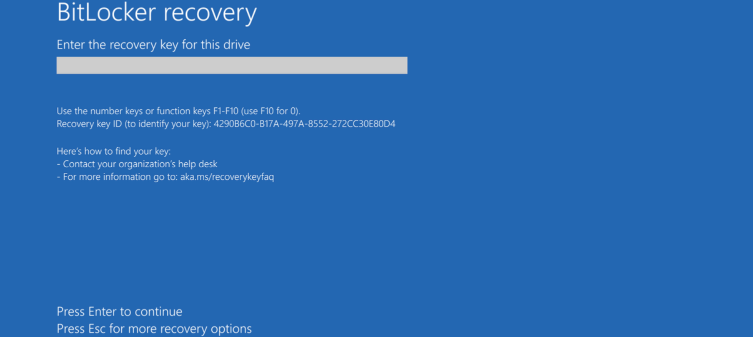 Recovery screen for BitLocker on Windows
