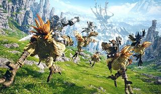 Adventurers ride chocobos across a valley in Final Fantasy 14
