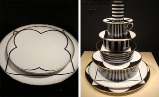 'My China! Ca' d'Oro dishes by Germany brand Sieger. Two images of a china plate and stacked china bowels in black and white.