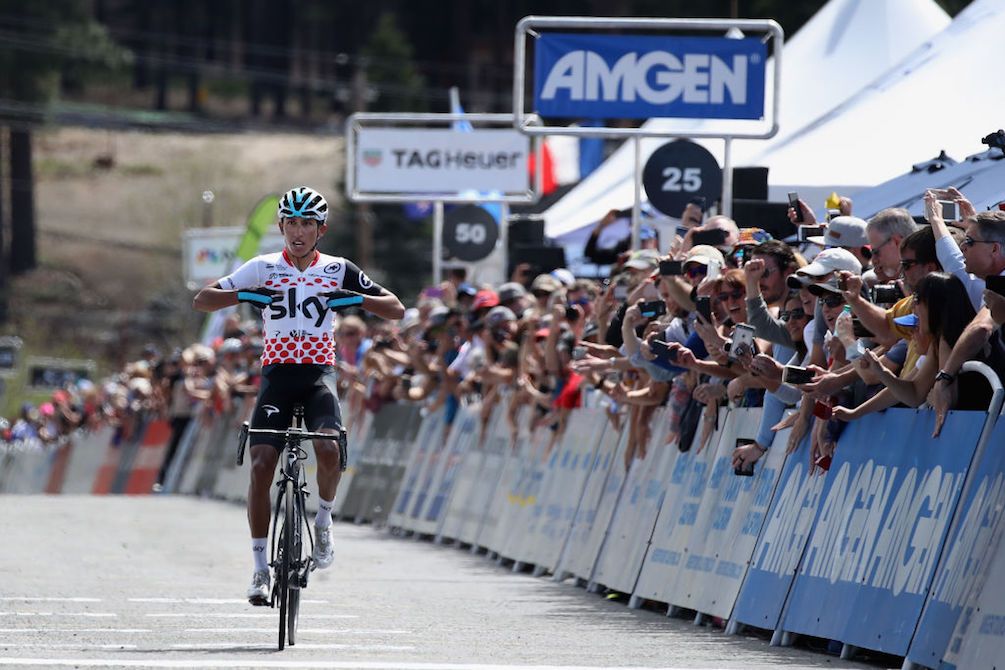 Team Sky's Egan Bernal enjoys the support of the crowd in South Lake Tahoe on his way to winning stage 6 of the 2018 Tour of California