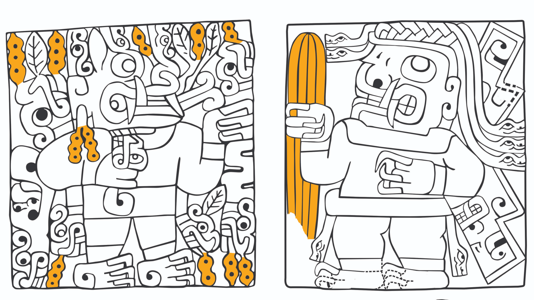 Black-and-white line drawing of pre-Inca art with yellow highlighting psychoactive plants.
