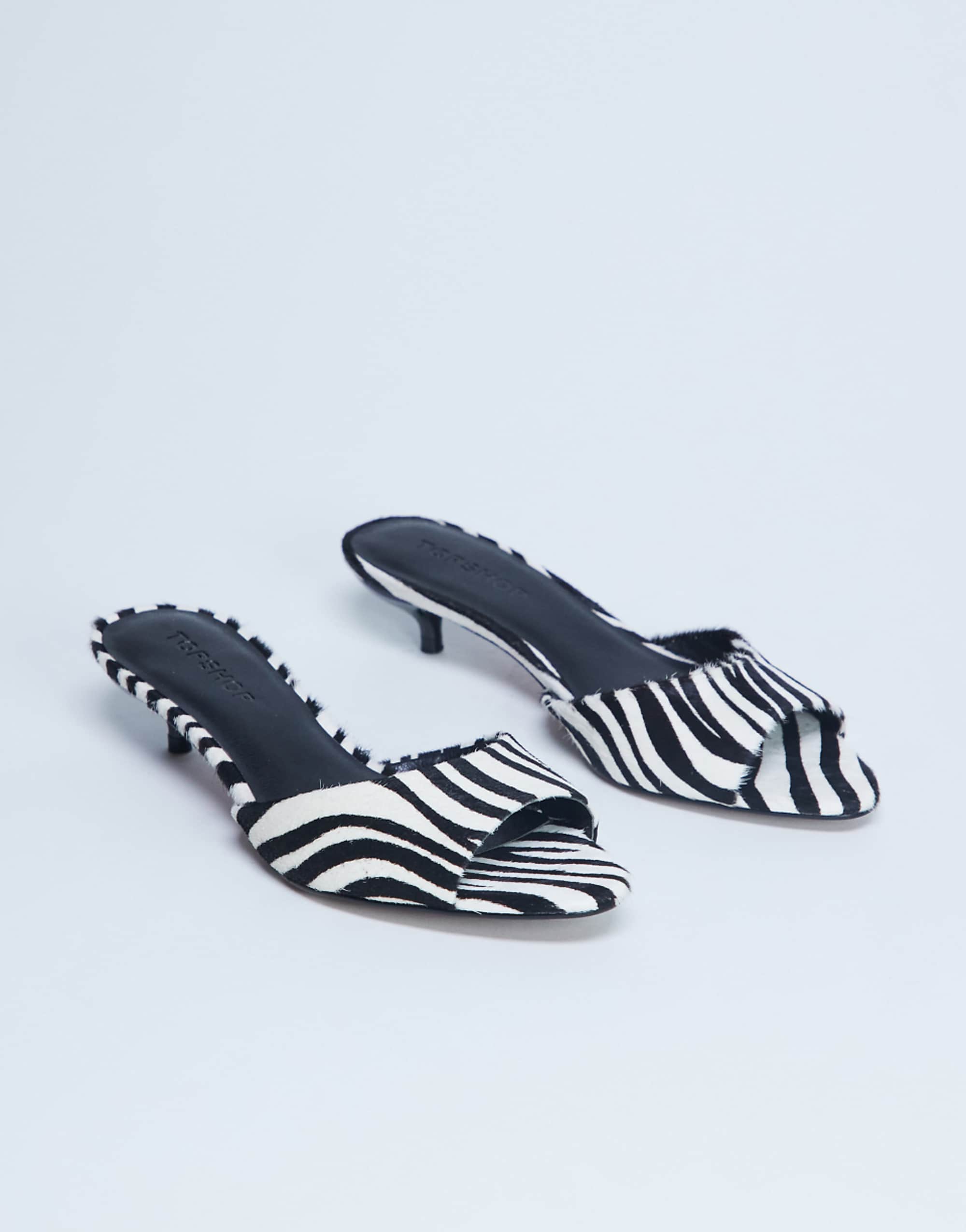 Topshop Alba Real Leather Peep Toe Kitten Heel Mule in Zebra Pony