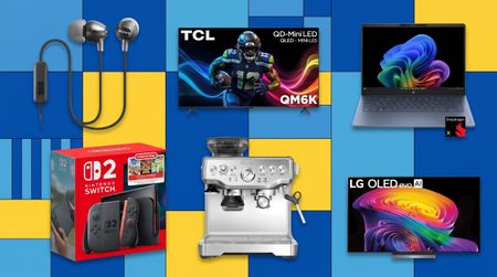 A collage of tech deals from the Best Buy Techtober sale, including some Sony earbuds, a TCL TV, HP laptop, Nintendo Switch, Breville coffee machine and LG TV.