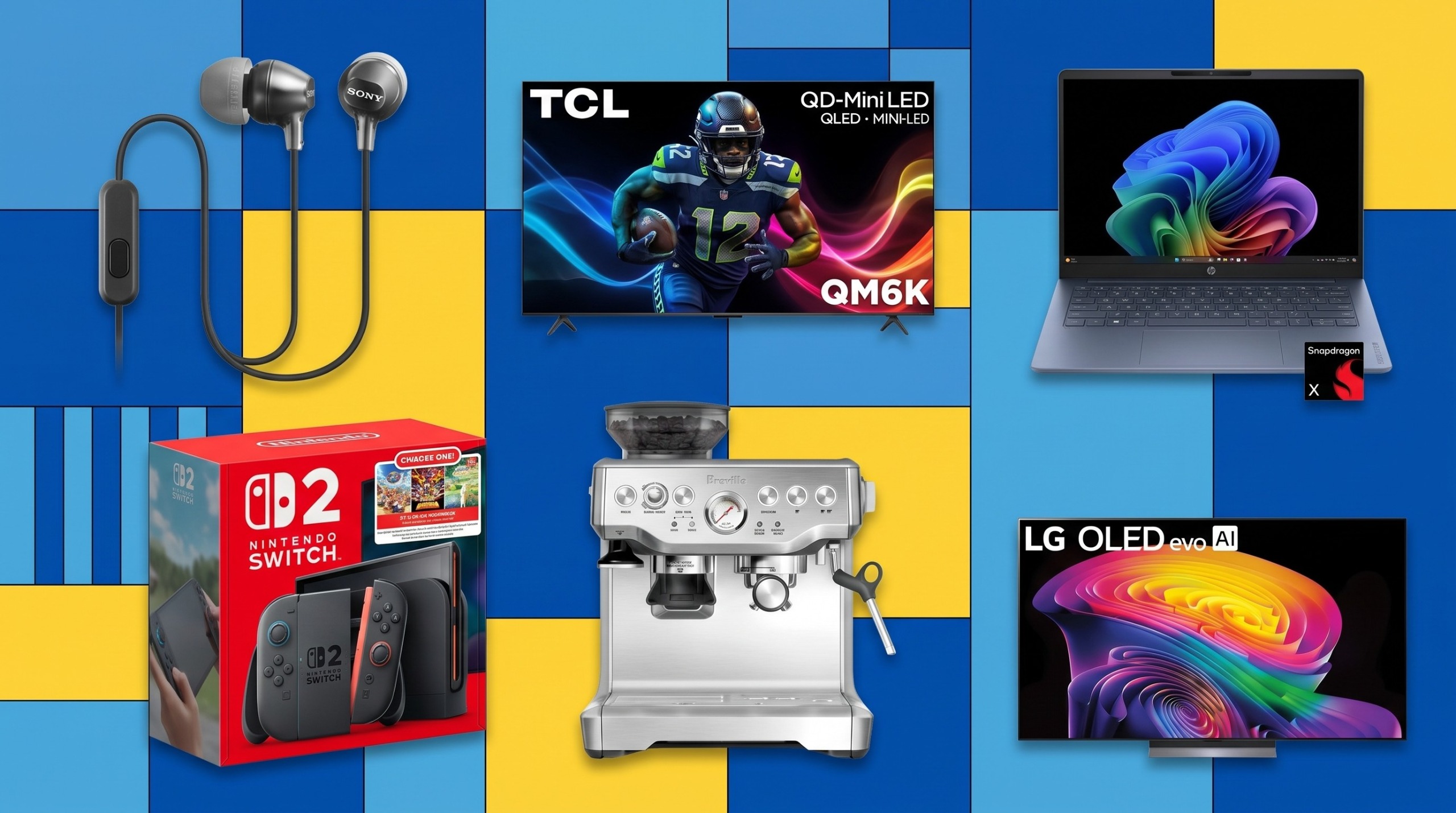 A collage of tech deals from the Best Buy Techtober sale, including some Sony earbuds, a TCL TV, HP laptop, Nintendo Switch, Breville coffee machine and LG TV.