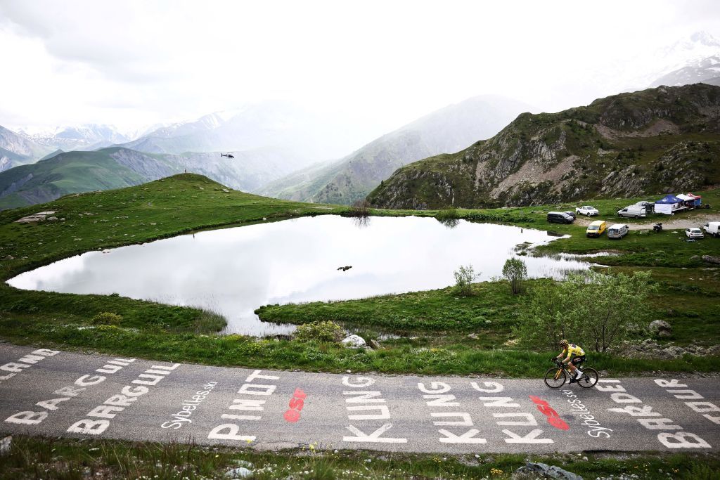 JumboVismas Danish rider Jonas Vingegaard leads the race at the Col de la Croix de Fer during the seventh stage of the 75th edition of the Criterium du Dauphine cycling race 148km between Port de Savoie to Col de la Croix de Fer Saint Sorlin France on June 10 2023 Photo by AnneChristine POUJOULAT AFP Photo by ANNECHRISTINE POUJOULATAFP via Getty Images