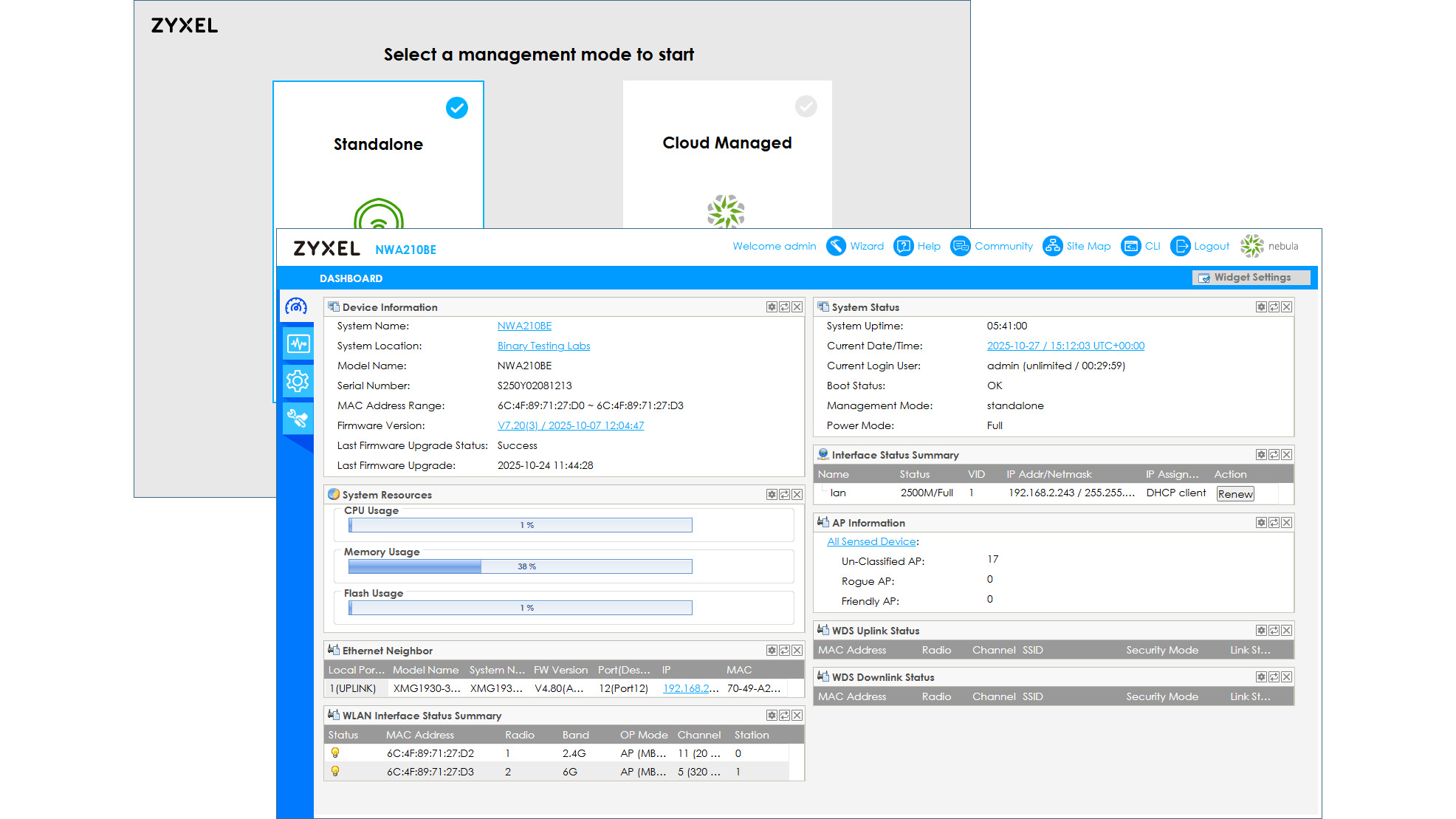 A screenshot of the Zyxel WBE210BE management console
