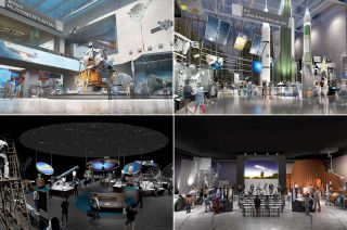 collage showing four illustrations of future space-history museum exhibits