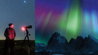 Photograph of an astrophotographer, standing with his camera against the star-packed night sky, set against a photograph of the Northern Lights