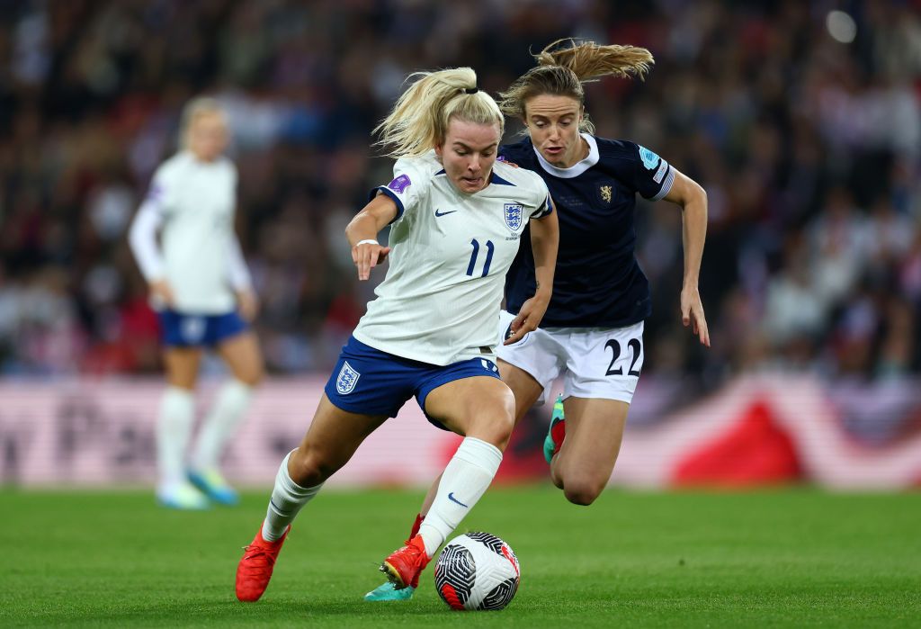 Lauren Hemp of England battles for possession Christy Grimshaw of Scotland during the UEFA Women&#039;s Nations League match between England and Scotland at Stadium of Light on September 22, 2023 in Sunderland, England. (Photo by Naomi Baker - The FA/The FA via Getty Images)