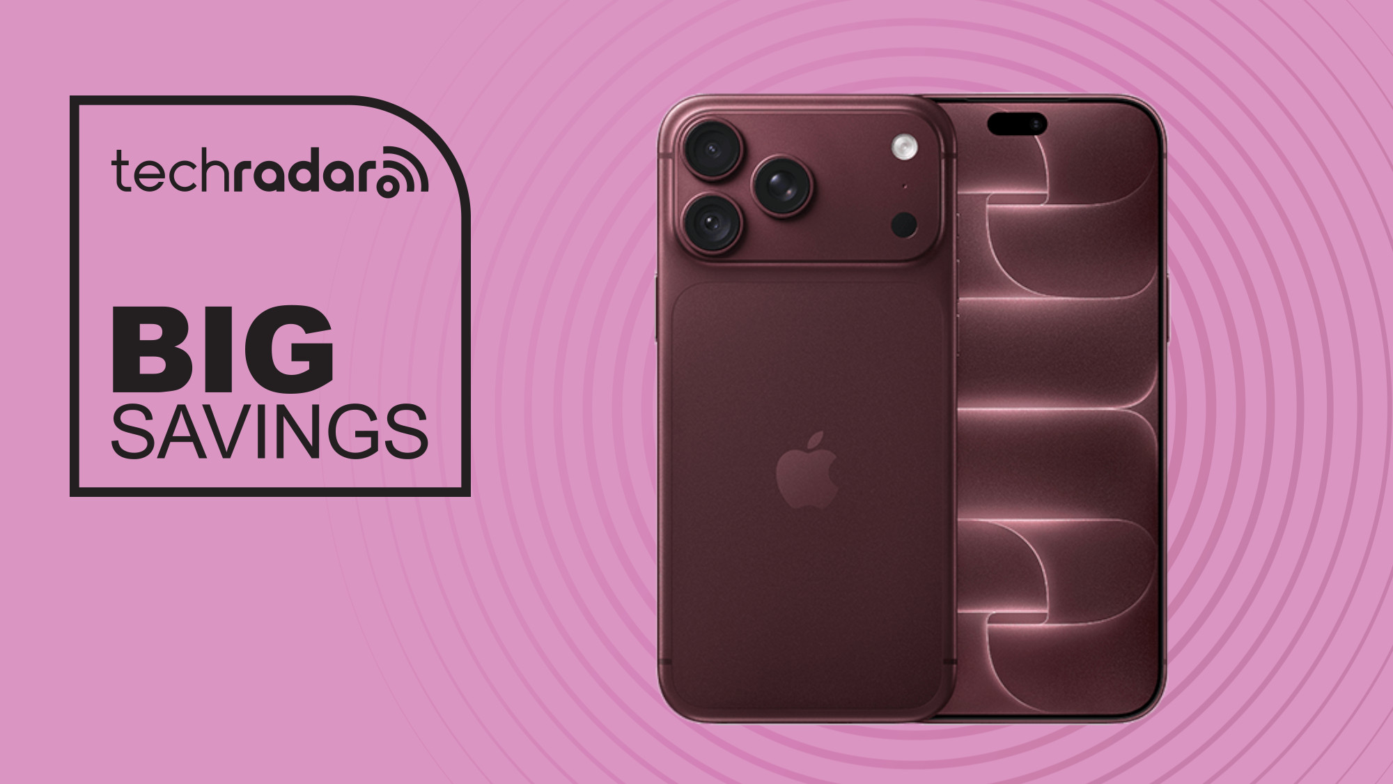 Apple iPhone 18 Pro in Burgundy on pink background with big savings text overlay