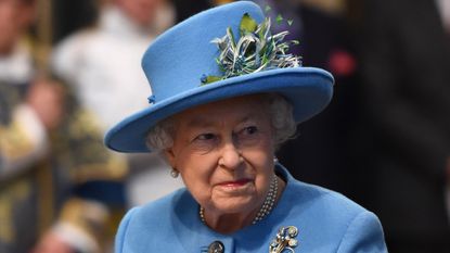 Queen Elizabeth II smiles as she arrives at the annual Commonwealth Day service on Commonwealth Day on March 14, 2016 in Westminster Abbey