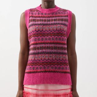 pink sleeveless faire isle sweater