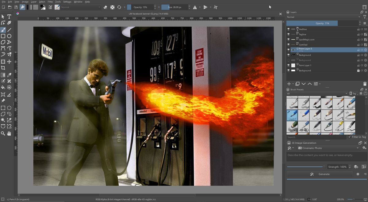 Krita UI image of an with fire