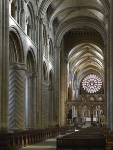 The nave at Durham Cathedral, looking east. The rose window can be seen at the eastern end. ©Paul Barker for Country Life