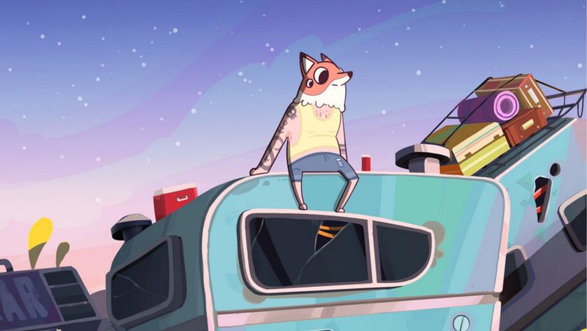 Fox alien headed man wearing a sleeveless shirt sits on top of junk pile under starry sky.