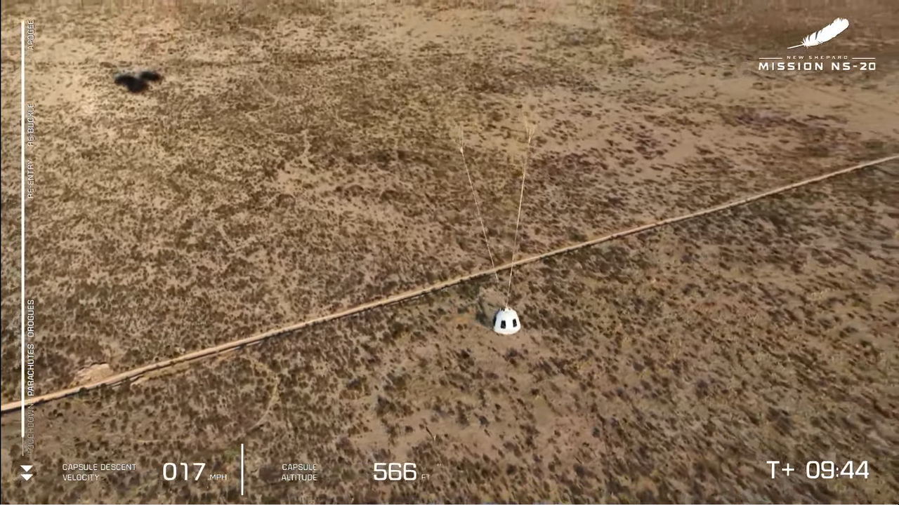 Blue Origin's NS-20 capsule returning to Earth.