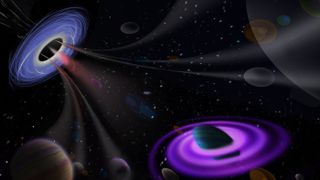 In this illustrative concept image, a black hole is sucking in all the nearby matter in space.