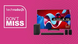 LG C4 OLED TV and LG soundbar on a pink background