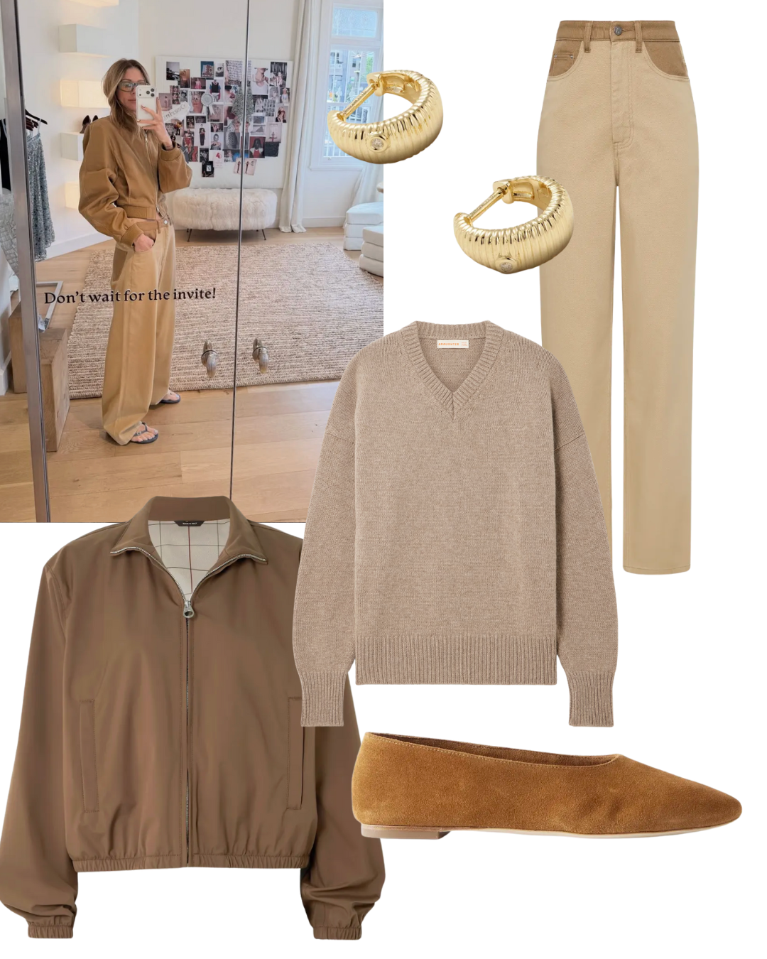 @erinkdeering wears biege jeans, brown jacket and flip flops