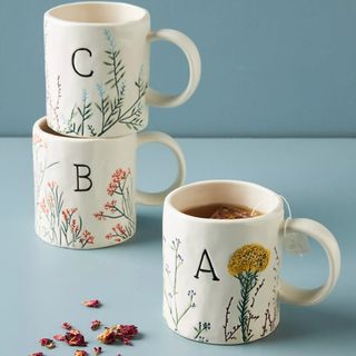 Dagny Monogram Mugs with letters C B and A