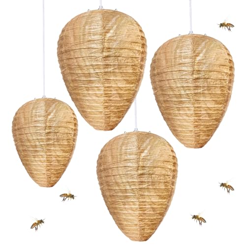 4 Pack Paper Fake Wasp Nest Decoy Hanging, Fake Hornet Nest Decoy Carpenter Bee Deterrent, Wasps Trap Wasp Deterrent Outdoor Yellow Jacket Carpenter Bee Traps for Outsides Garden Patio