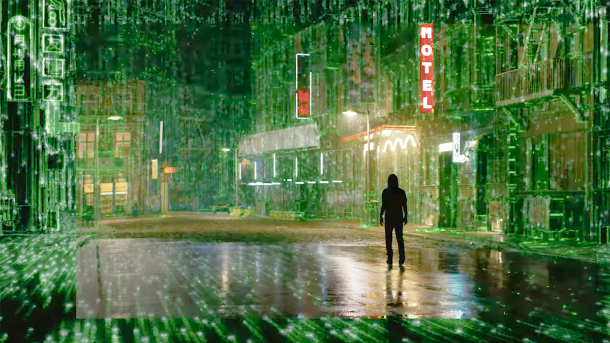 Et billede fra den nye The Matrix Resurrections-film på HBO Max, som viser hovedpersonen i en digital verden.