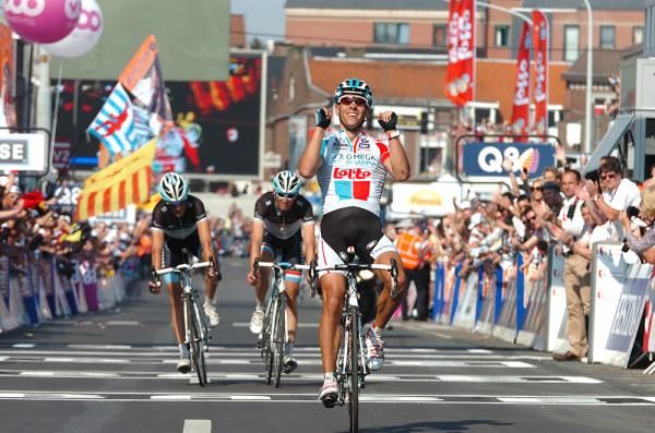 Philippe Gilbert (Omega Pharma-Lotto) celebrates his Li&egrave;ge-Bastogne-Li&egrave;ge win