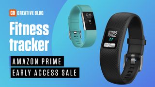 Two photos of fitness trackers sit on a light blue background, with Amazon Prime Early Access Sale text on top. 