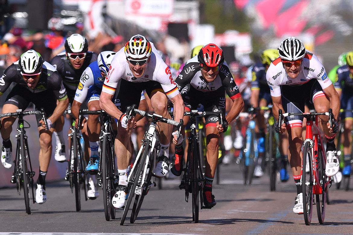 Andr&eacute; Greipel winds up to speed on stage 2 of the Giro d'Italia.