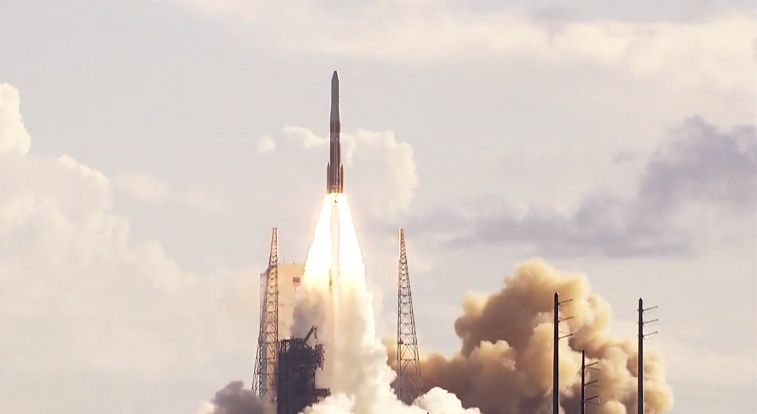 A United Launch Alliance Delta IV Medium rocket, the last of its kind, launches the GPS III Magellan navigation satellite for the U.S. Air Force from Space Launch Complex 37 at the Cape Canaveral Air Force Station in Florida on Aug. 22, 2019.
