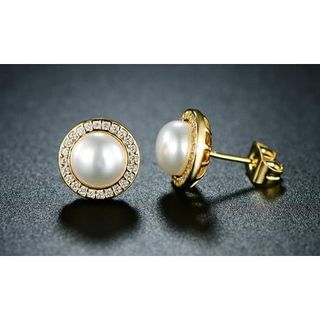 Paris Jewelry 18k Yellow Gold White Freshwater Pearl Halo Round 3 Ct Stud Earrings Plated