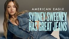 Sydney Sweeney, in full denim outfit, with blonde hair loose, stars in American Eagle advertisement 'Sydney Sweeney has Great Jeans'