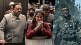 (L-R) Russell Crowe as Hermann G&ouml;ring in "Nuremberg", Jessie Buckley as Agnes in "Hamnet", Alan Ritchson in "War Machine"