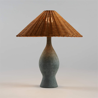 unique large table lamp with wide shade and sculptural blue-gray base