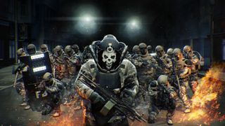 A group of Payday 2 characters look forwards the viewer, someone in a skull mask stands at the front, with fire at their feet