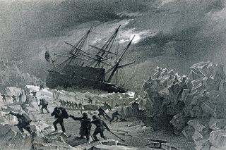 A depiction of the HMS Terror stuck in the ice during the Frozen Strait Expedition (1836-1837), shows the crew salvaging lifeboats and provisions.
