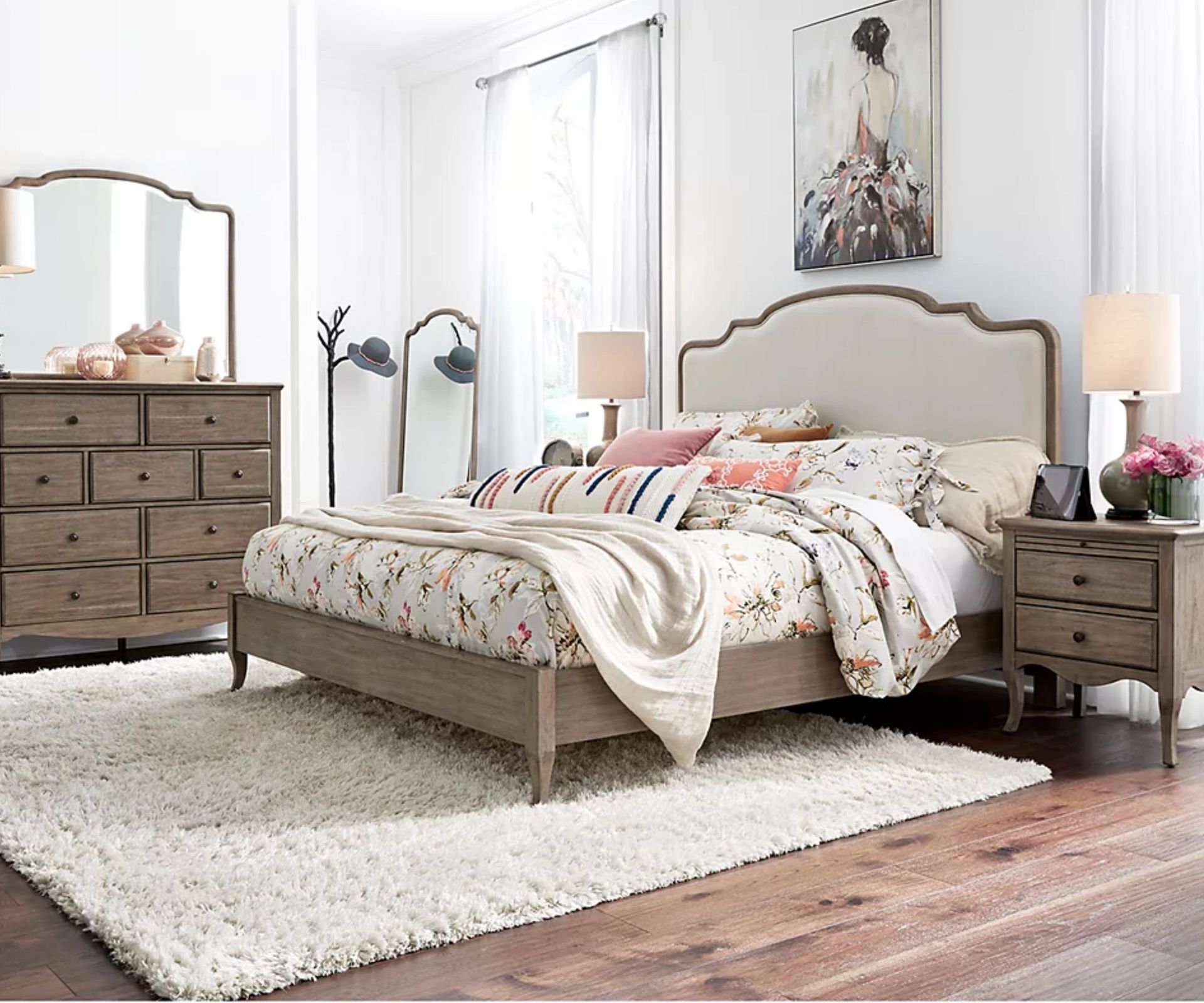 macy's styled bedroom with french provence antique style wooden furniture and floral bed linens