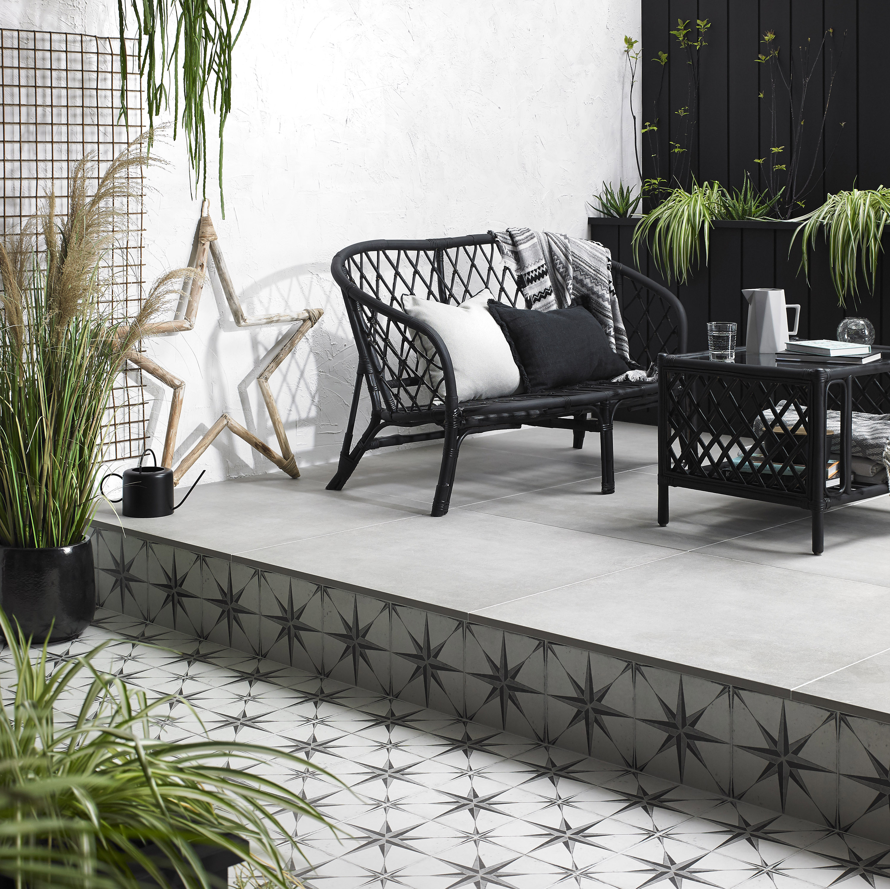 patterned floor tiles used on an outdoor patio