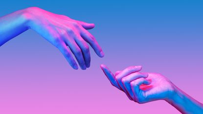 Intimacy coordinator—Two hand in a pop art collage style in neon bold colors. Modern psychedelic creative element with human palm for posters, banners, wallpaper. Copy space for text. Magazine style. Zine culture. 