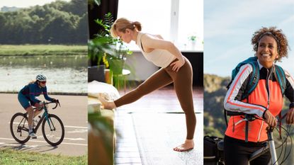 Panel of women cycling outside and stretching at home before cycling