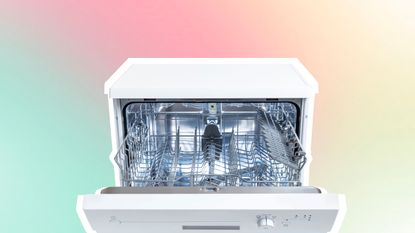 A graphic of a dishwasher with a colorful background