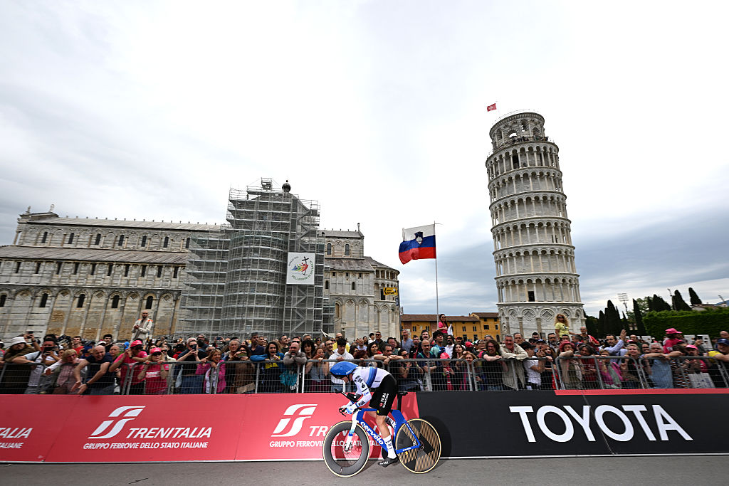 PISA ITALY MAY 20 Edoardo Affini of Italy and Team Visma Lease a Bike competes with the Tower of Pisa in the background during the 108th Giro dItalia 2025 Stage 10 a 286km individual time trial stage from Lucca to Pisa UCIWT on May 20 2025 in Pisa Italy Photo by Tim de WaeleGetty Images
