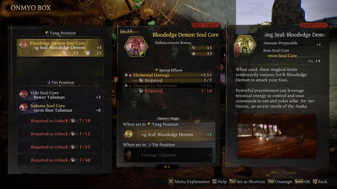 Nioh 3 Baba Nobuharu: The Bloodedge Demon Soul Core in the Onmyo Box menu.